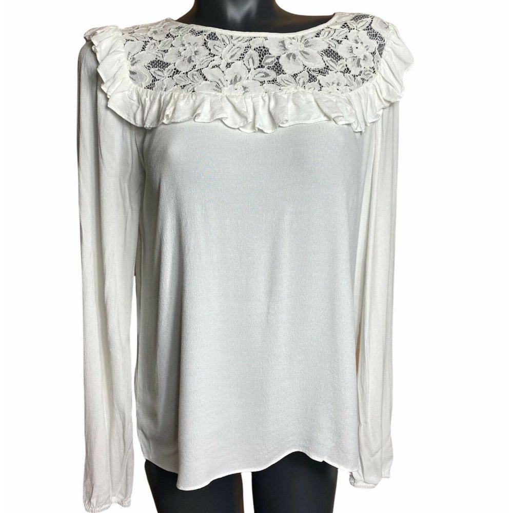 WAYF Blouse Lace Collar Top Ruffles Viscose Cottage Core Romantic Flowy Side L